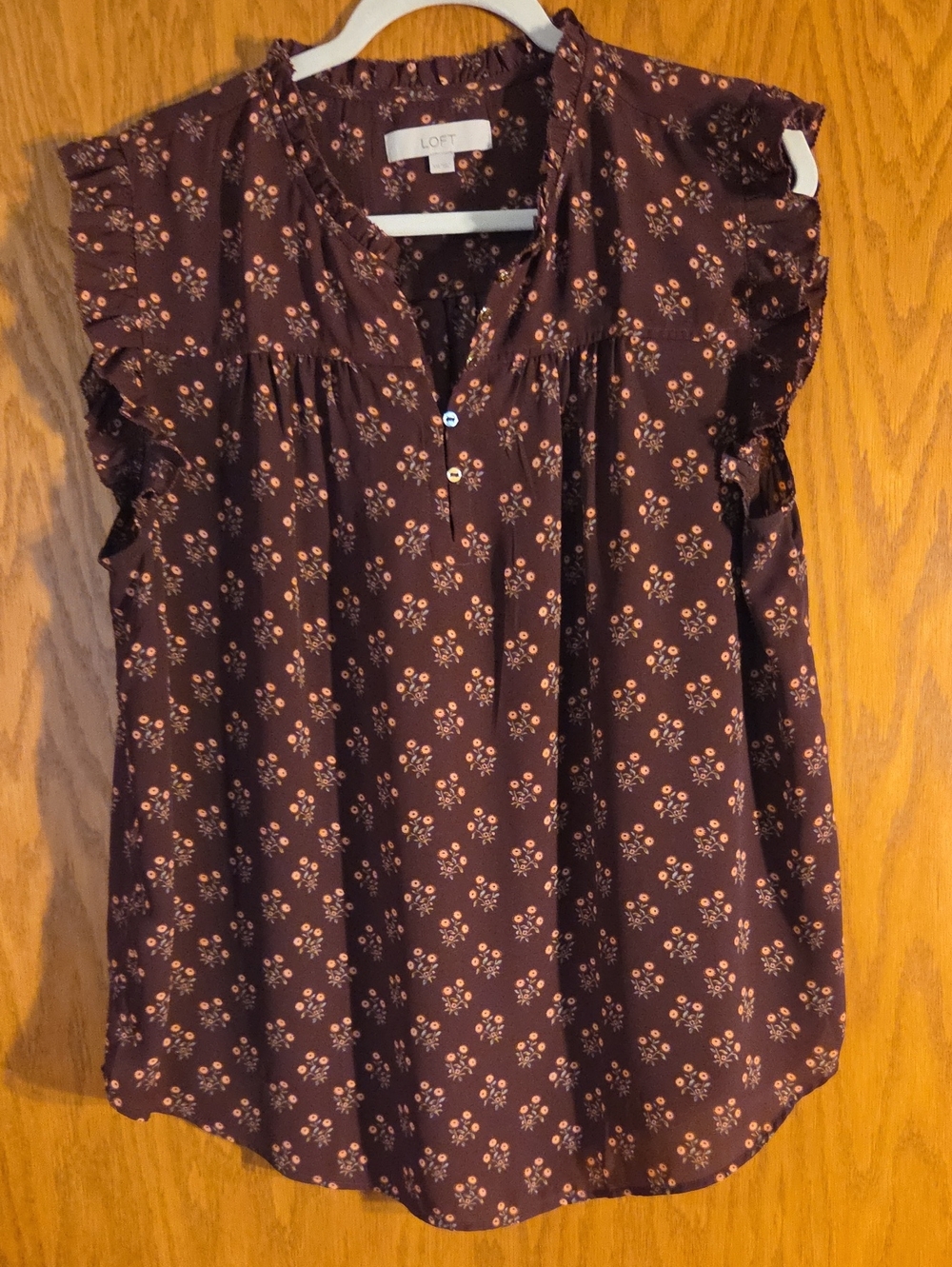 LOFT Burgundy Floral Ruffle Sleeve V-Neck Blouse Size Xxl